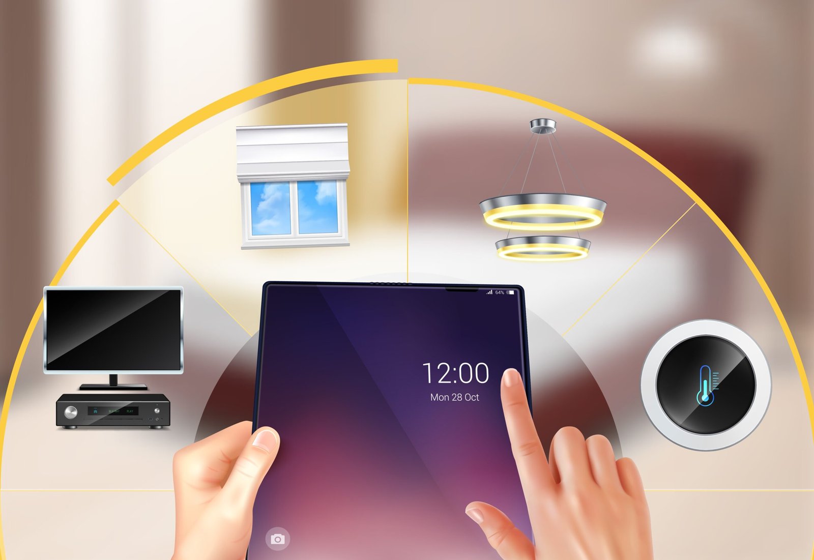 Hotel guest room smart control panel managing lighting climate and privacy settings