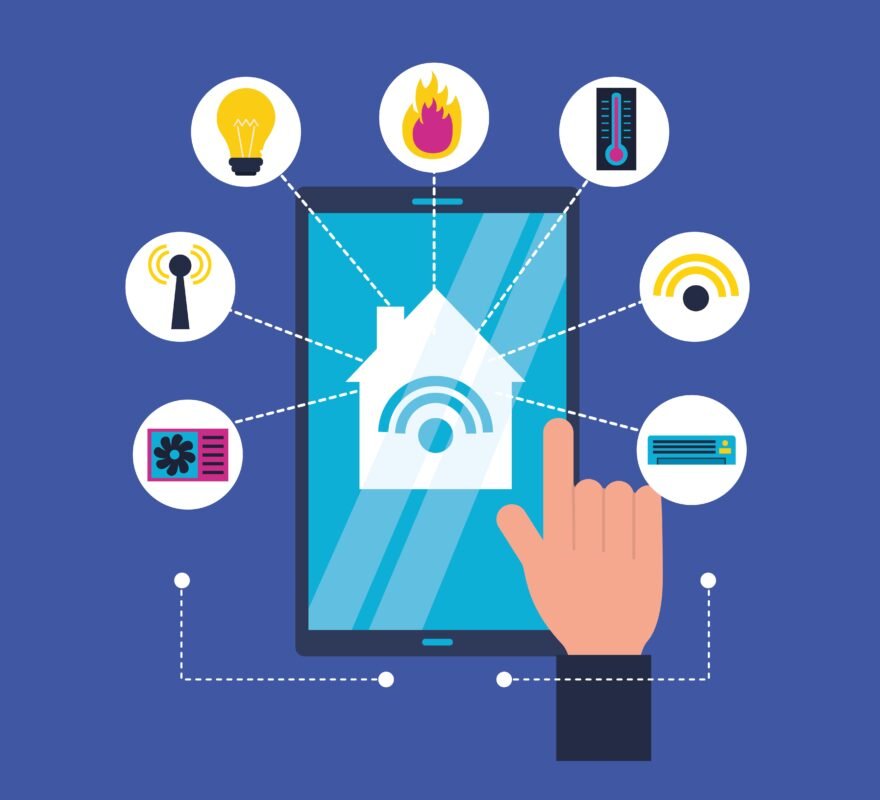 Modern smart home with automated lighting touch controls and connected devices